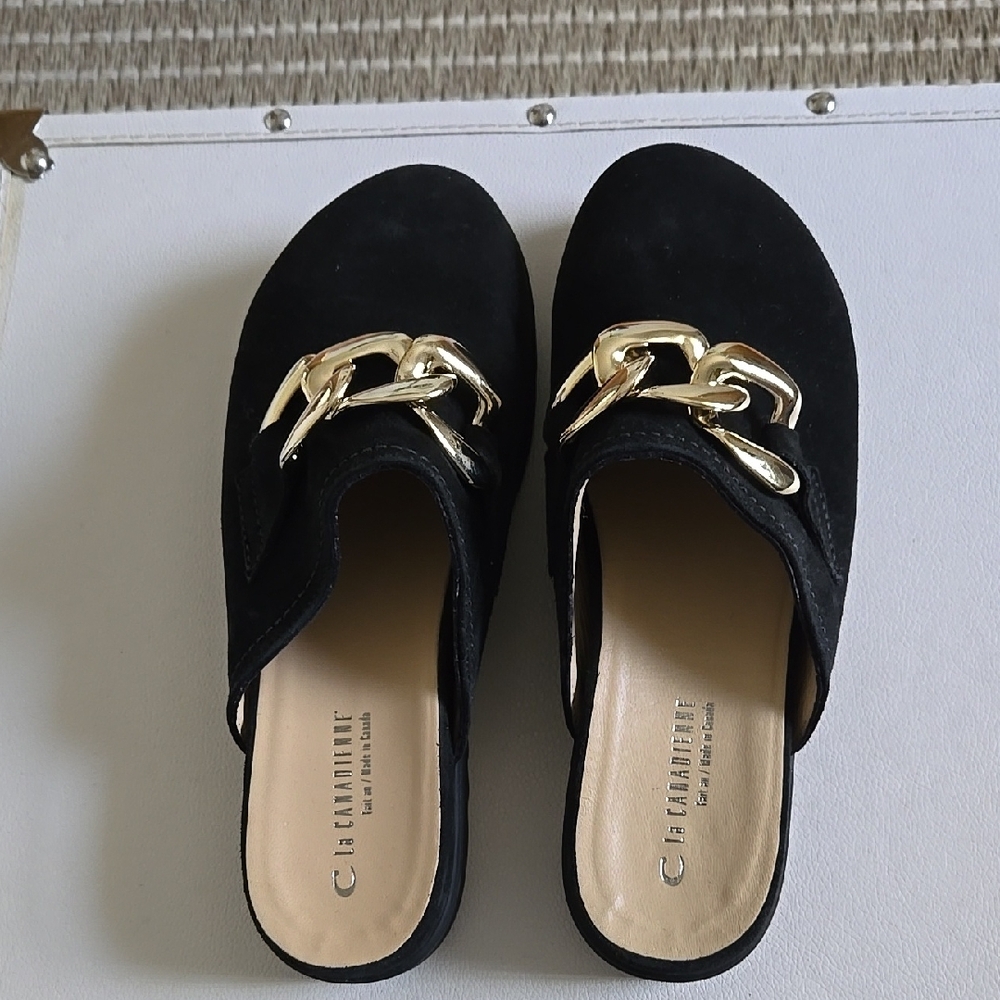 New, LaCanadienne Black Nubuck Mules